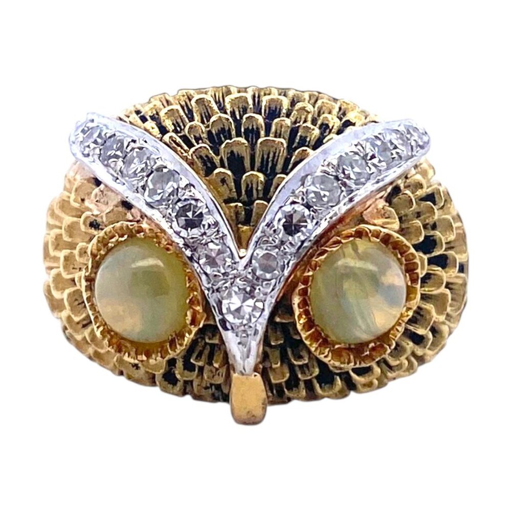 SOLD 18K Gold Diamond Owl Ring with Chrysoberyl Eyes